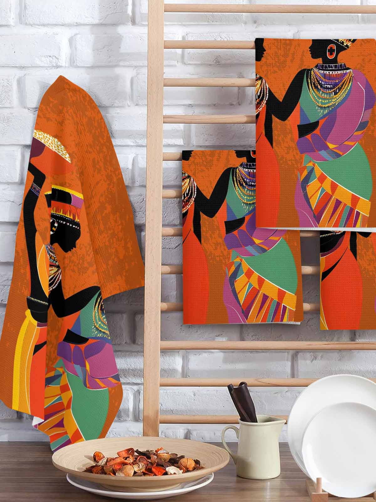Black Orange Girls Boho Hand Towels Set, Waffle Weave Kitchen Towels 4 Pieces, Retro Ethnic Abstract Art Microfiber Hair Face Bath Tea Towel Absorbent Quick Drying Cleaning Dish Cloths 15.7"x23.6"