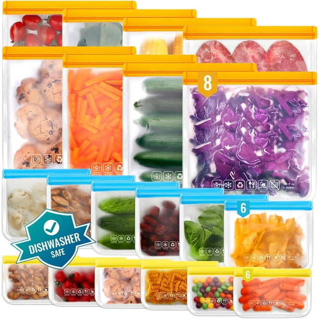 FAYOGOO Sacs de Congélation Réutilisables, Lot de 20, Rangement Alimentaire, Ziplock Transparent, Sacs Épais pour Collations, Sacs Moyens, Grands Contenants Alimentaires Lavables pour Repas, Pain, Refermables, Fruits, pour Lunch d'Enfants