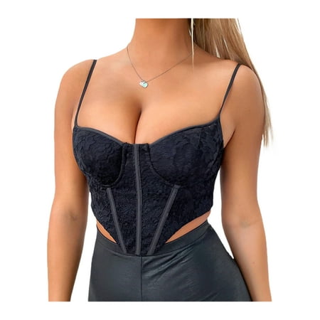 

Merqwadd Vintage Lace Corset Cami Top Women Spaghetti Strap Low Cut Crop Top Aesthetic Goth Clubwear