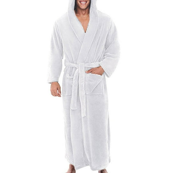 Innerwin Robe de Chambre Couleur Unie Hommes Envelopper Robe Maison Capuche Épaissir Peignoirs de Bain en Peluche Blanc XL