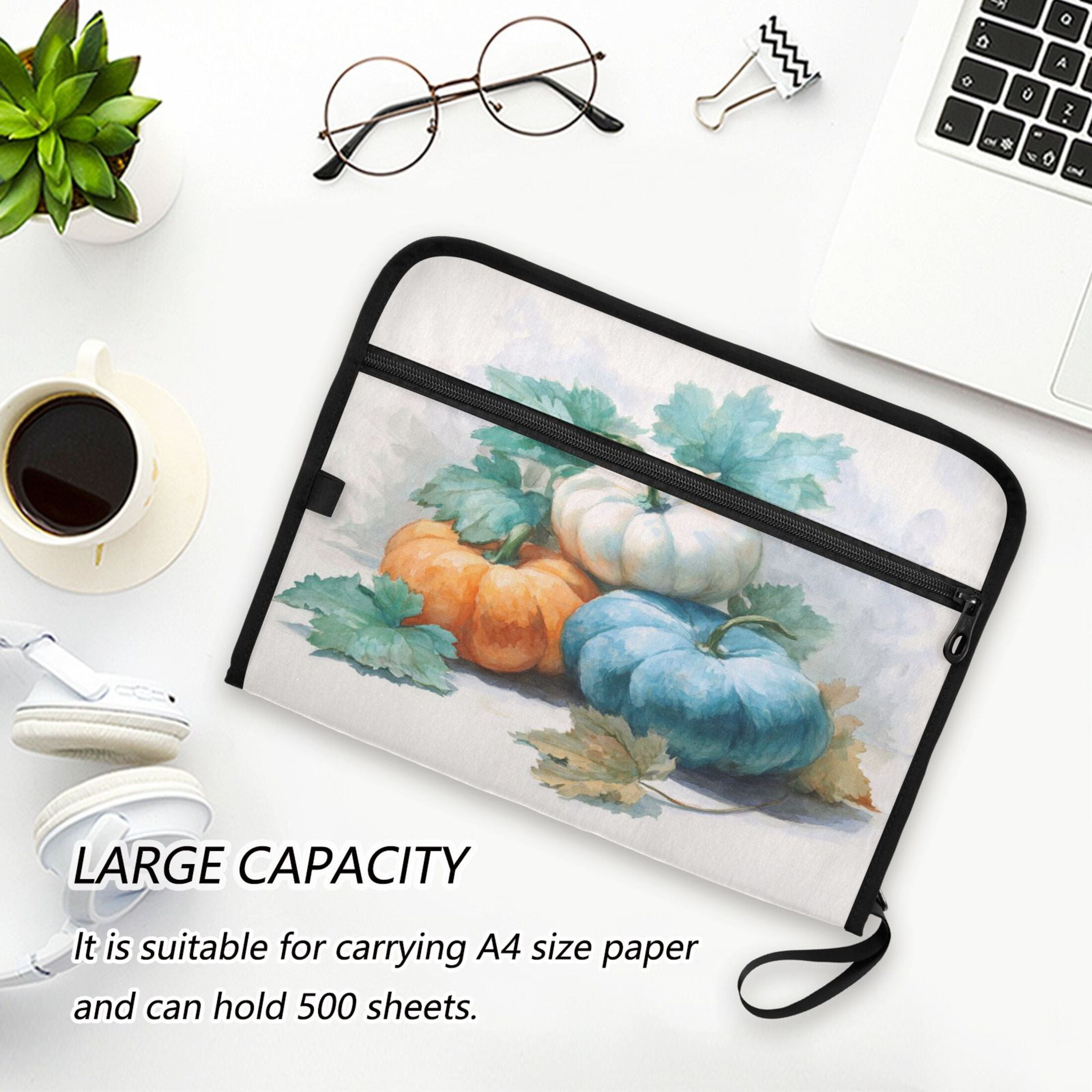 Accordion File Organizer with Zip Closure 13 Pockets Expanding File Folder Letter A4 Paper Document Organizer for Home Office Watercolor Pumpkins and Leaves