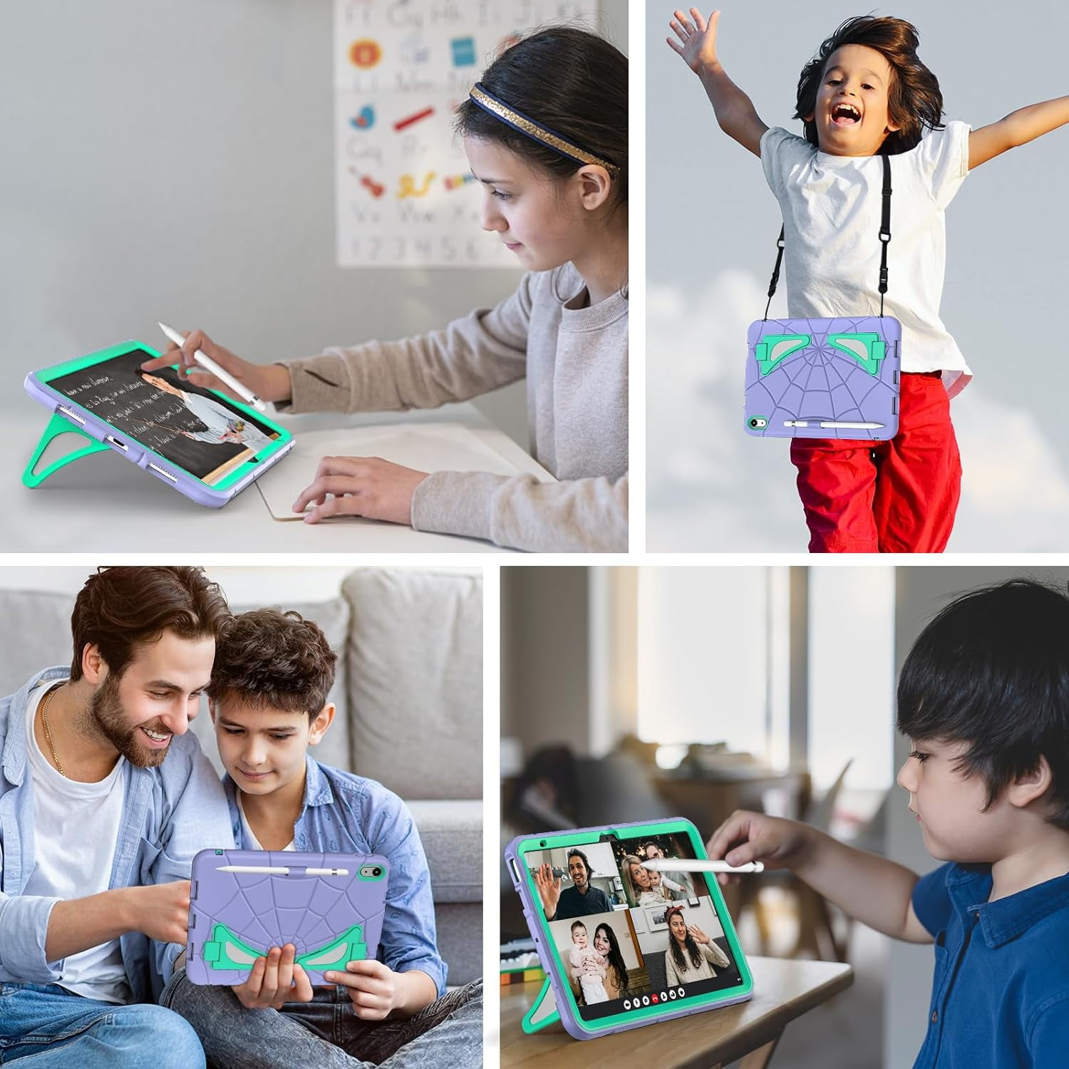 REQO iPad 10th Generation Case 2022, Kids Friendly iPad 10.9 Case with Kickstand Shoulder Strap Pencil Holder, Heavy Duty Protective Case for iPad 10th Generation 2022 Release, Purple Mint
