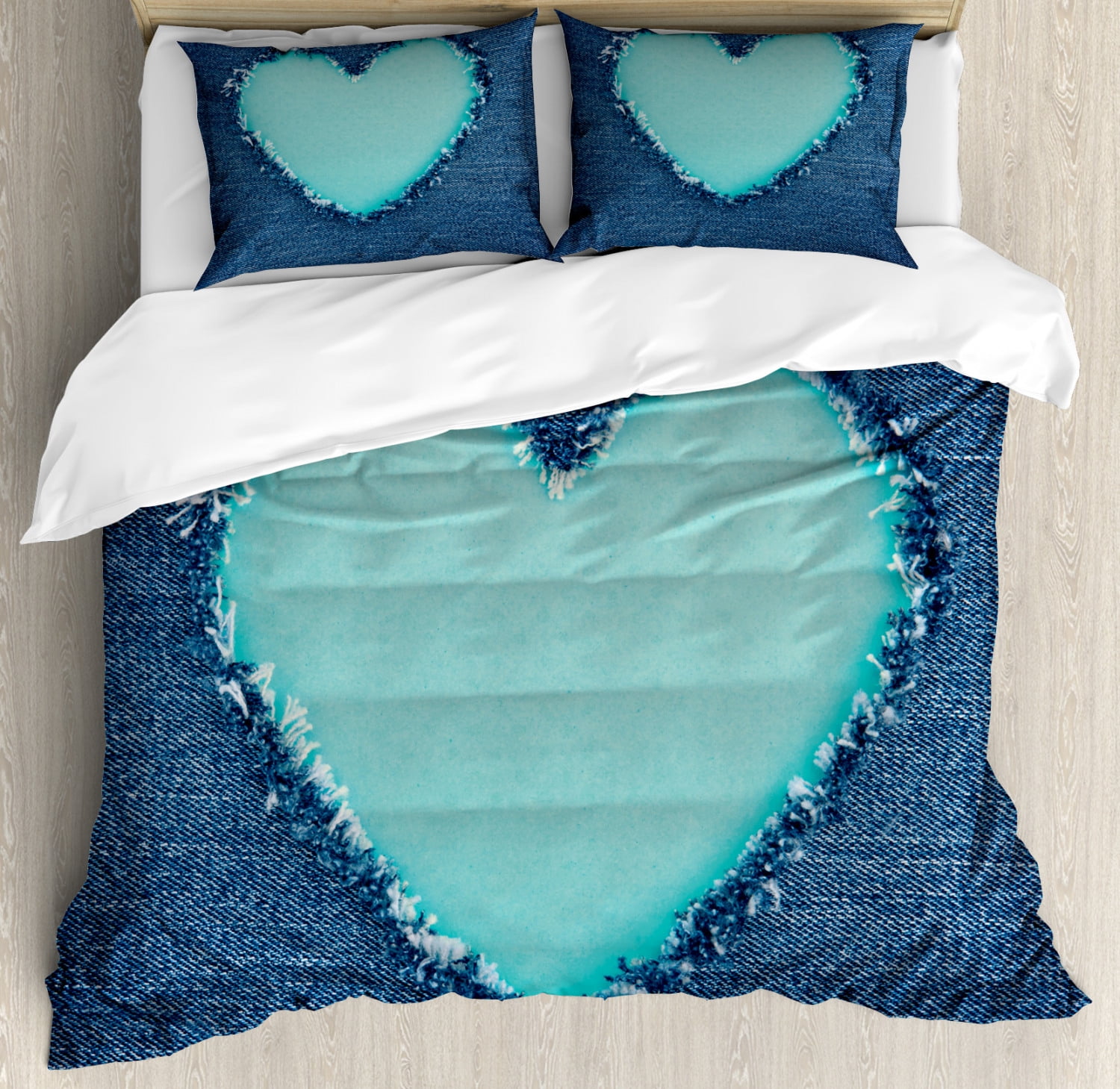 Navy and Teal Duvet Cover Set King Size, Ripped Denim Jean Fabric Image