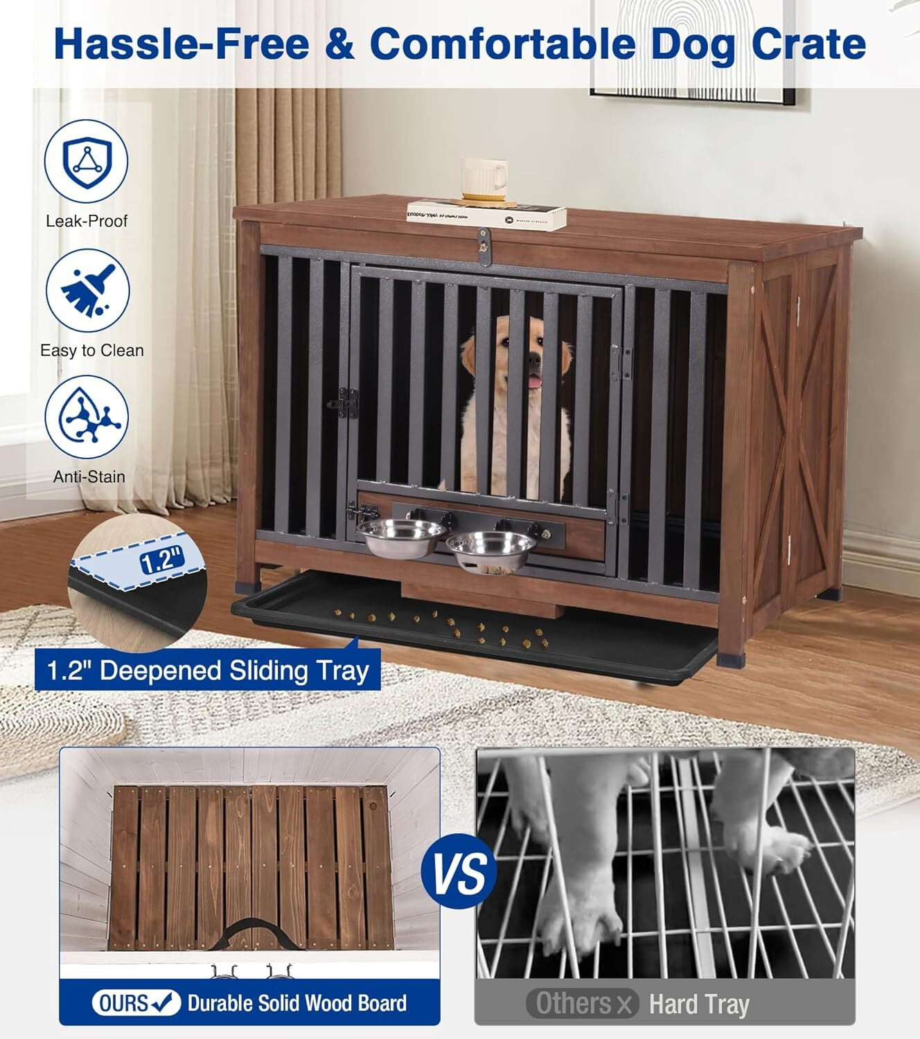 Aivituvin Dog Crate Furniture, Foldable Wooden Dog Kennel Furniture with 360° Rotating Feeding Bowls, Iron Frame Dog Crate with Deepened Sliding Tray , 39.4" L Brown