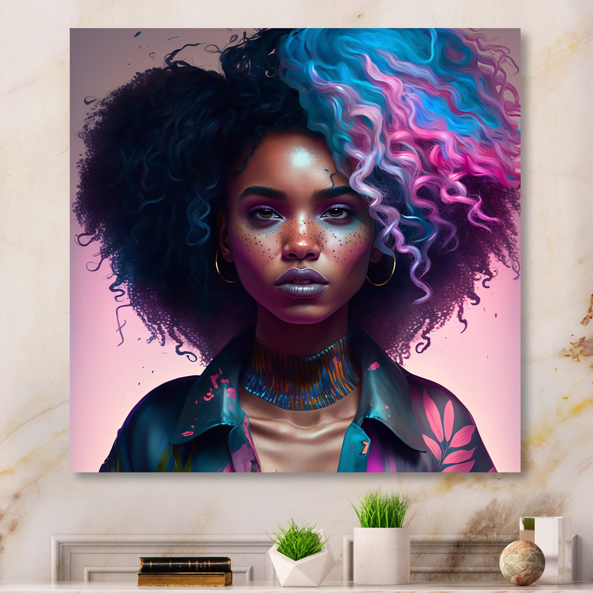 Designart Fashion Hip Hop Girl In Pink And Blue III Canvas Wall Art