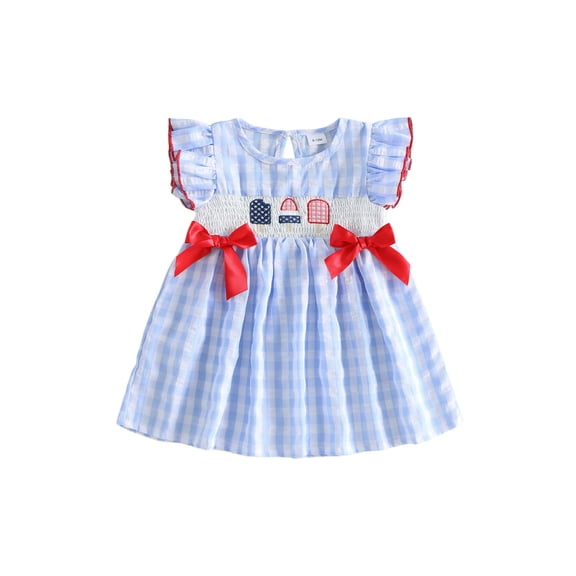 BemeyourBBs Toddler Baby Girls 4th of July Dress Outfit Patriot Independent Day Clothes Little Baby Girl Summer Smocked Dress Fourth of July Ice Cream Embroidery Print Fly Sleeve Plaid Gingham Dress