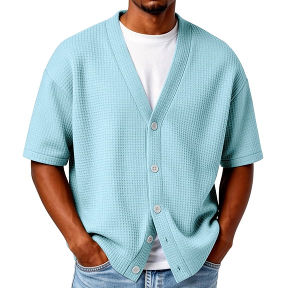 Waffle Button Down Short Sleeve Shirts for Men Lightweight Open Front Cardigan Casual Comfy Knit Summer Cardigan Navy 2XL