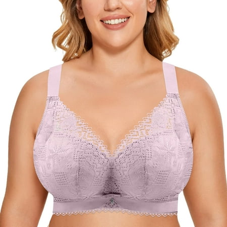 

wofedyo Bras For Women Womens Underwire Bra Lace Floral Bra Unlined Unlined Plus Size Full Coverage Bra Purple 44/100D