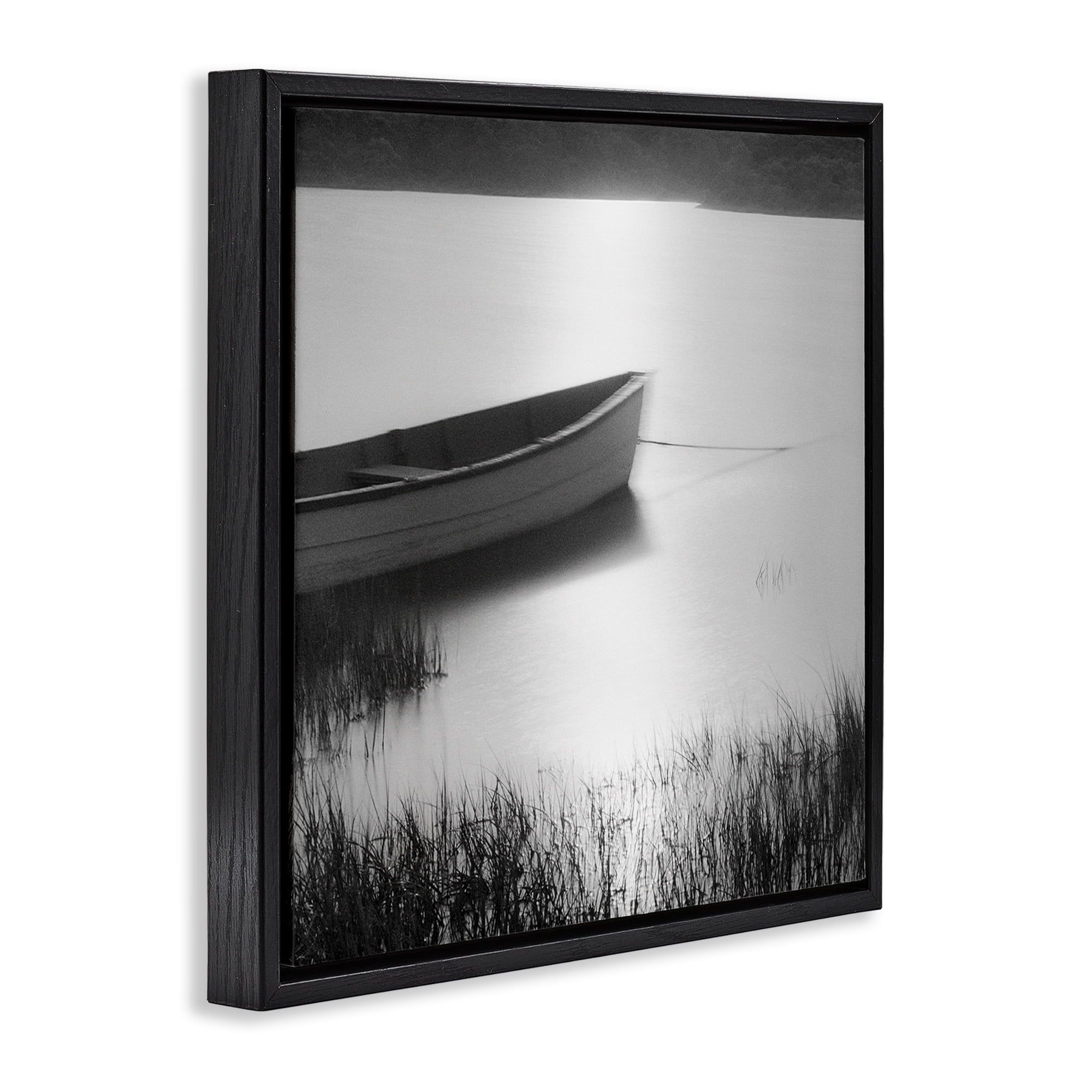 Stupell Industries Rowboat on Peaceful Shore Landscape & Nature Photography Black Floater Framed Canvas Art Print Wall Art, 18 x 18