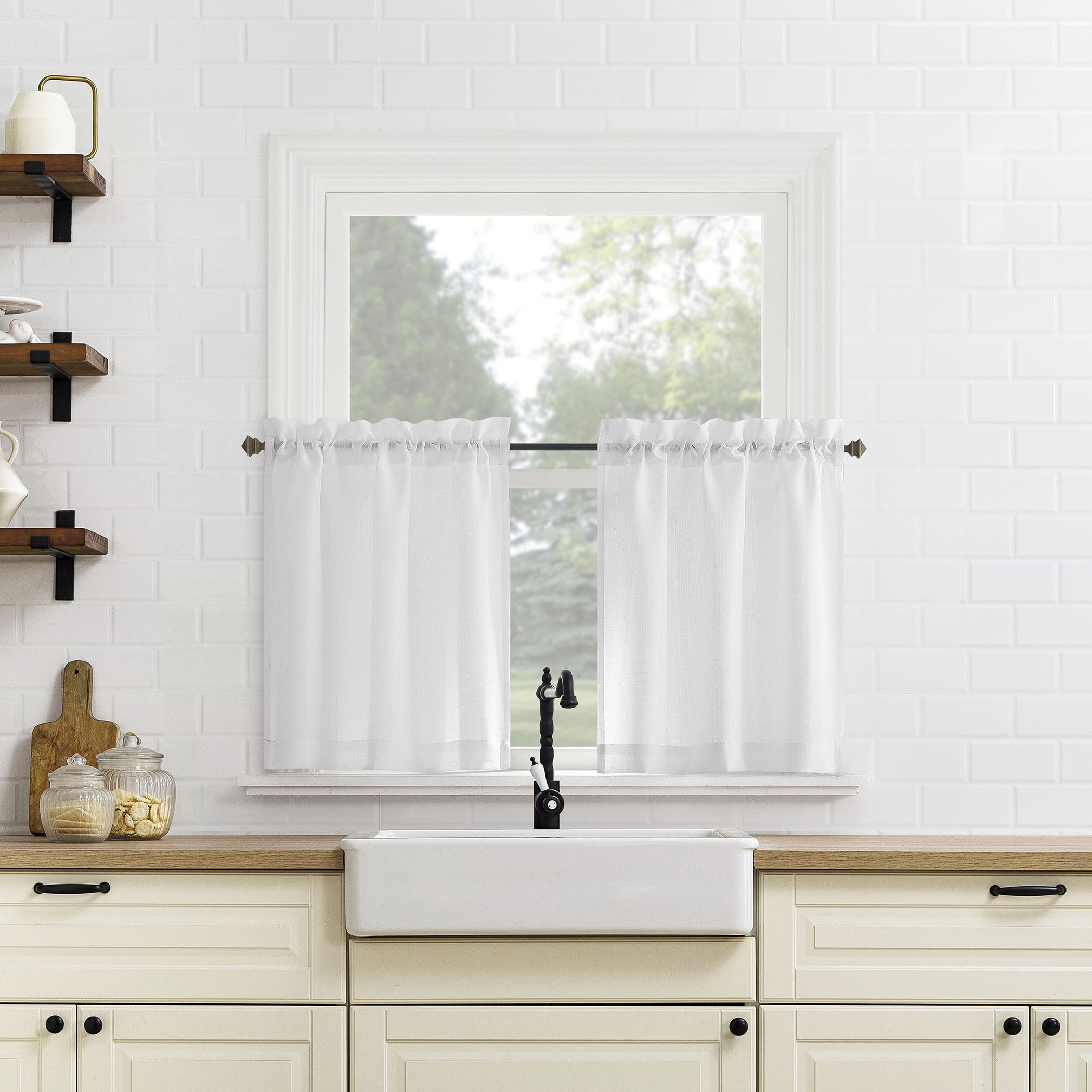 Mainstays Textured Small Window 3-Piece Cafe Curtains with Valance, Rod Pocket, White, 56 in W x 36 in L