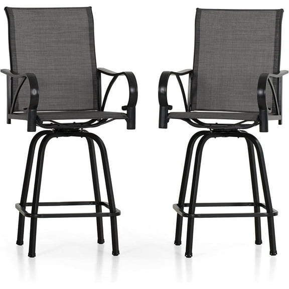 CHAUKY Outdoor Bar Stools Swivel Set of 2, Outdoor Bar Height Tall Patio Chairs Grey with Armrest, High Top Patio Stools & Chairs with Sling Fabric for Outside Kitchen
