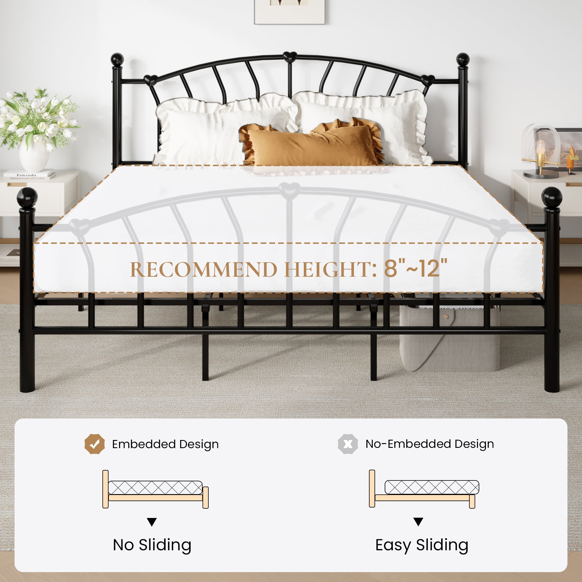SHA CERLIN 14 Inch King Size Metal Platform Bed Frame with Heart Shaped Iron-Art Headboard/Footboard, Under Bed Storage, Noise Free Mattress Foundation, Easy Assembly, Black