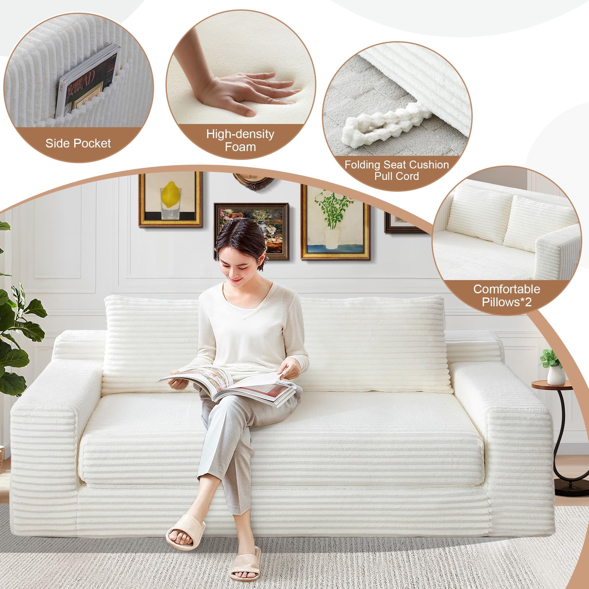 Aukfa 73" Chaise Futon Convertible Sofa Bed Boneless Couch, 2 Pillows&Side Pockets, Queen Size, Corduroy, White