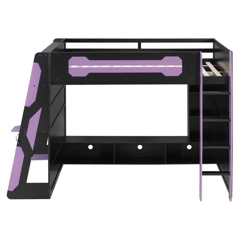 Full Size Loft Bed with Desk and RGB LED Lights, Wood Gaming Loft Bed Frame with Storage Shelves, TV Console Space and Multi-Functional Study Workstation for Teens Bedroom