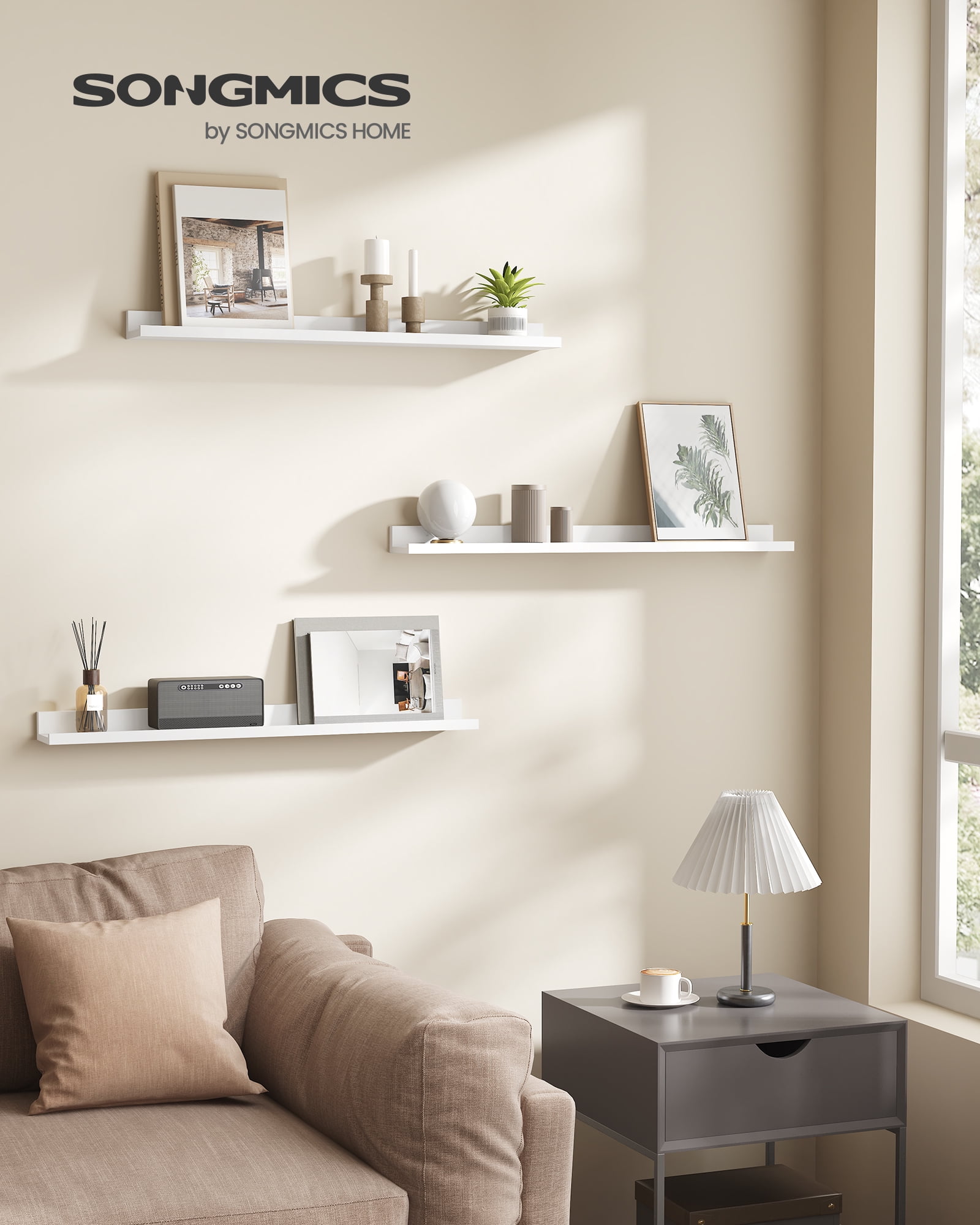 SONGMICS Floating Shelves, Set of 3 Wall Shelves, 31.5-Inch Wide, for Photo Frames and Trinkets, for Living Room, Home Office, Kitchen, Bathroom, Matte White