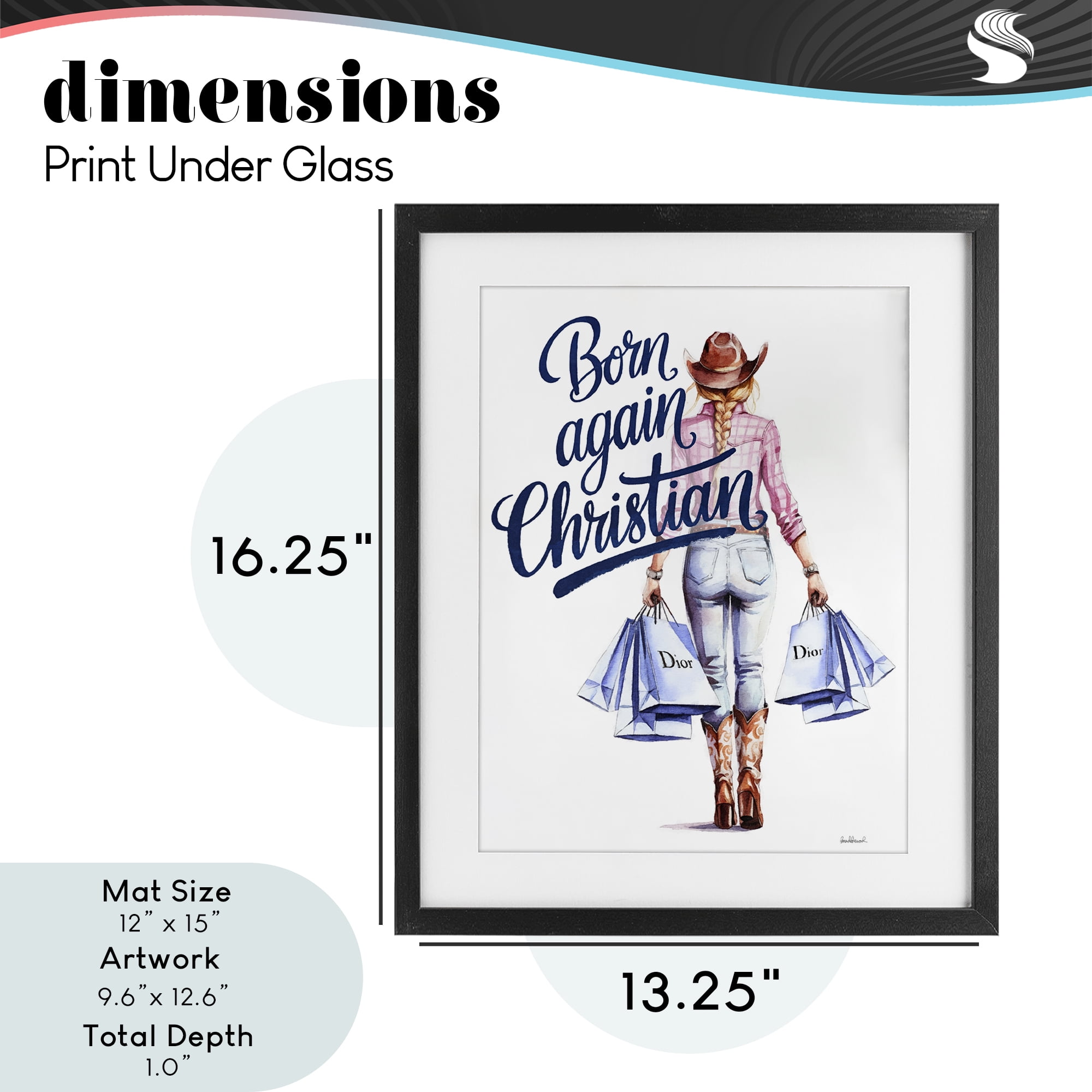 Born Again Christian Cowgirl Black Framed Print Under Glass, design by Amanda Greenwood