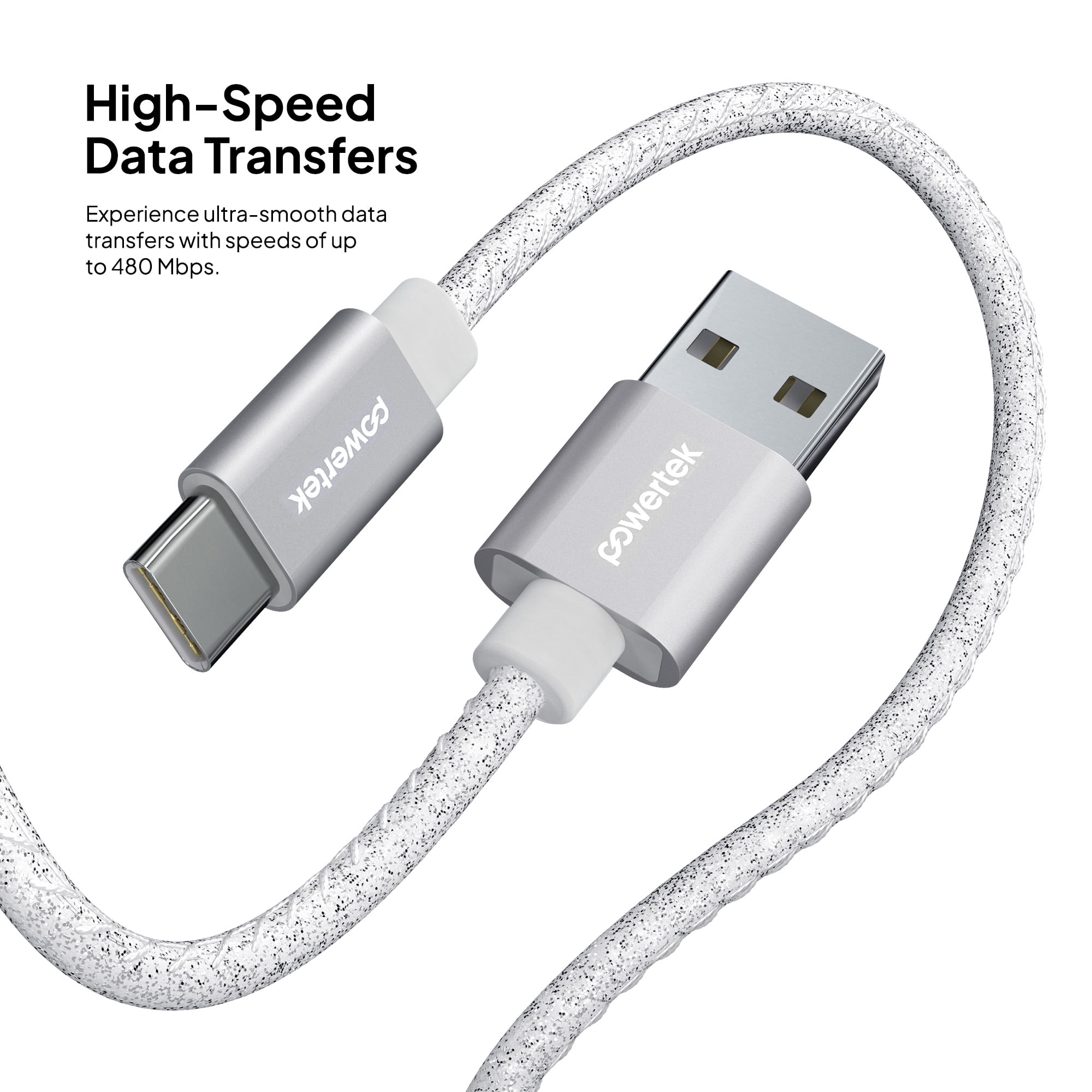 Powertek USB-A to USB-C Cable, Fast Charging Type-C Charger Cord, Durable Tangle-Resistant Sync Cable, White Glitter, 6FT