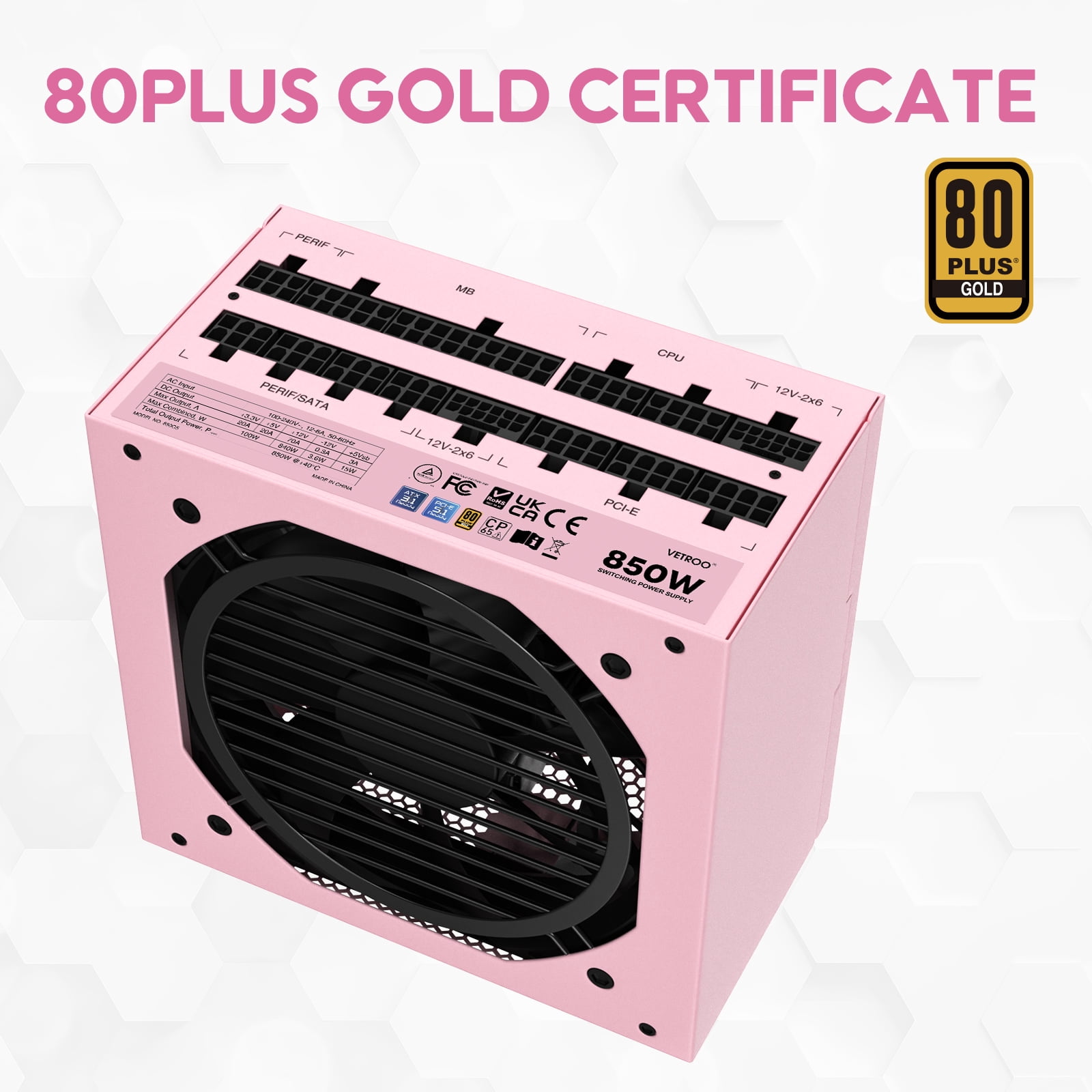 Vetroo 850W Power Supply Dual PCIe 5.1 ATX 3.1 Ready, 80 Plus Gold Full Modular, Quiet Operation with 120mm FDB Fan, 10-Year Warranty - Pink