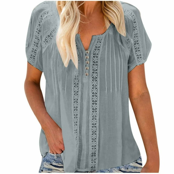 Womens under $10 2026 ! asdoklhq Womens Plus Size Tops,Women Solid V-Neck Lace Crochet Eyelet Short Sleeve Casual Shirts Blouses Tops