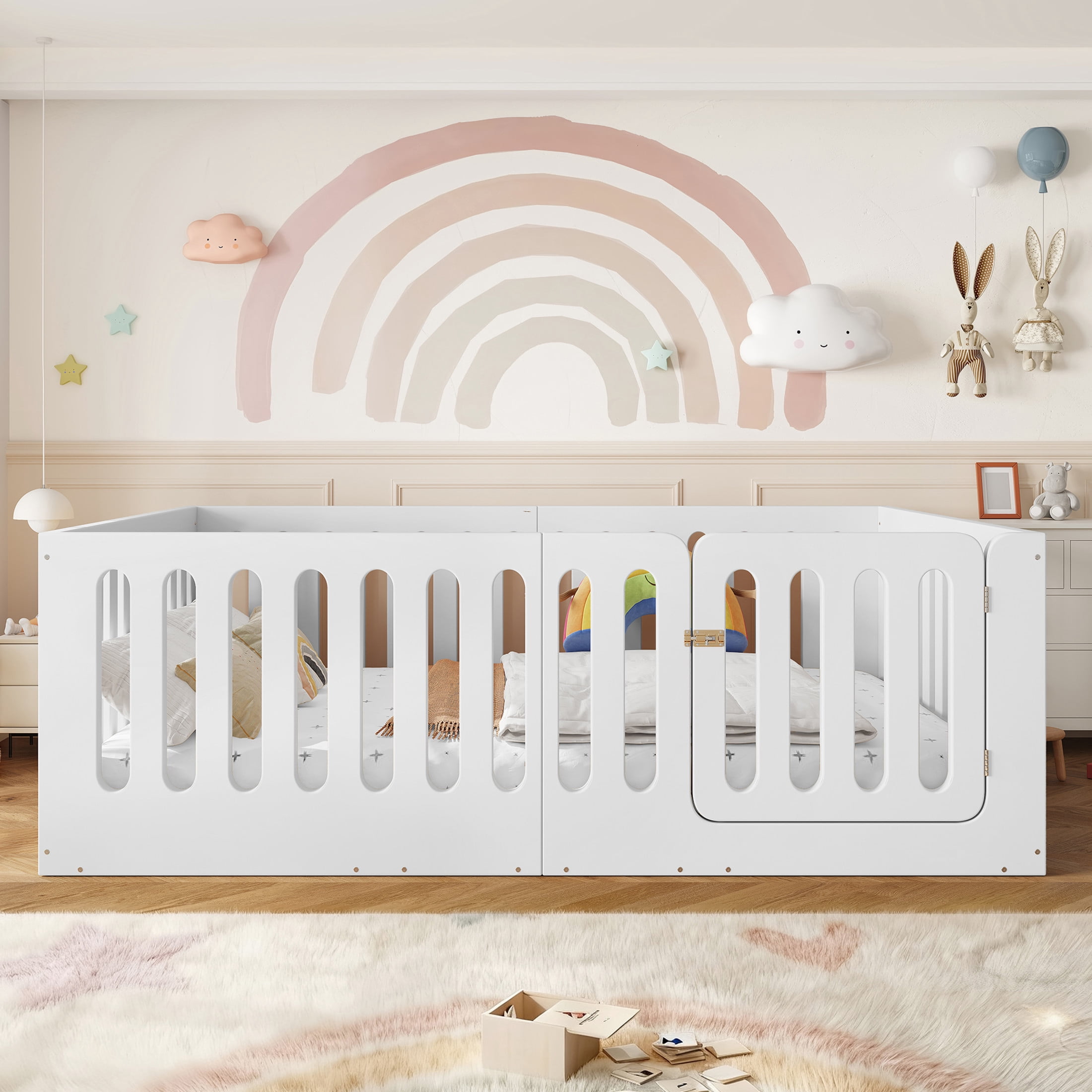 GDF Studio Full Size Montessori Floor Bed with High Guardrails & Door, Low-Profile Design, White