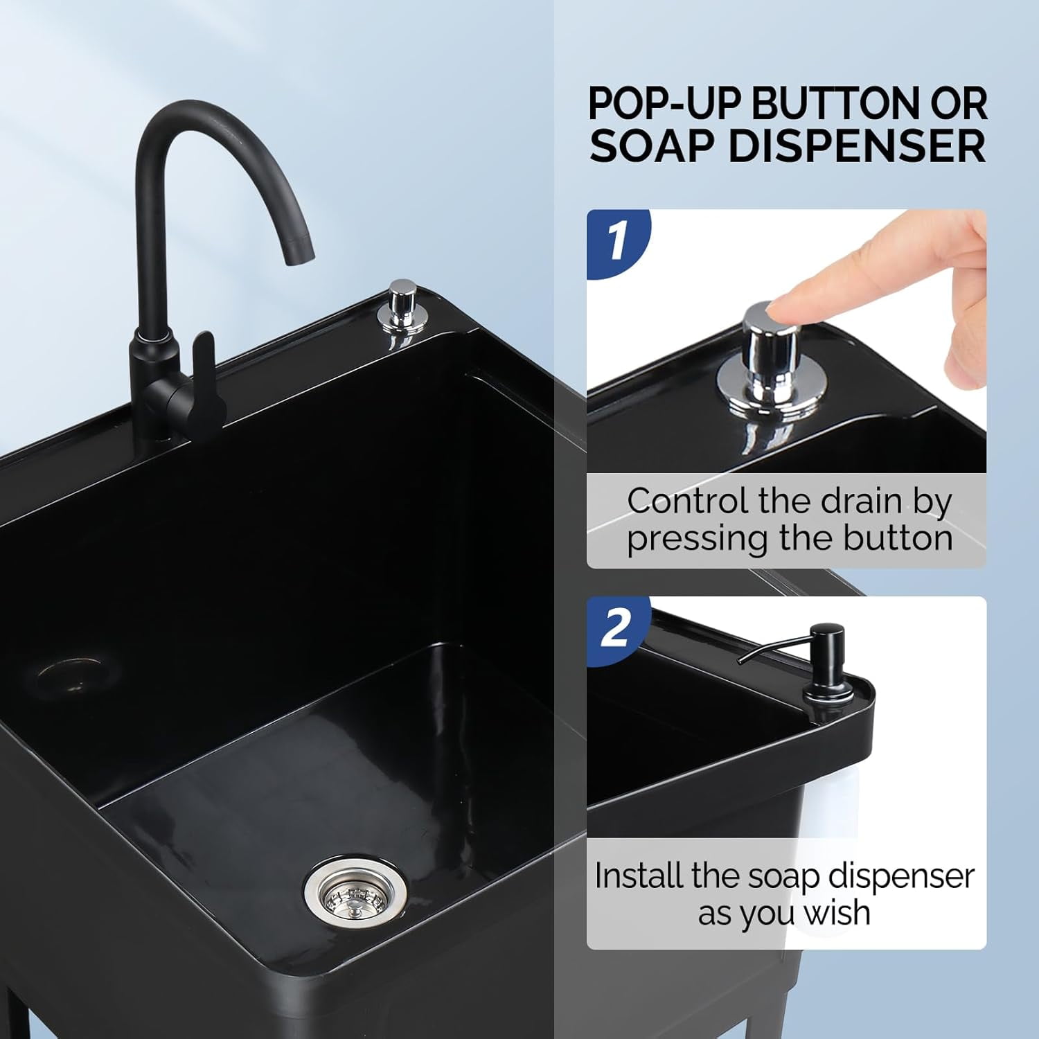 ROVSUN Plastic Utility Sink, Freestanding Sink with Hot&Cold Faucet, Soap Dispenser, Drain Plug and Iron Legs with Storage shelf, Perfect for Basement, Laundry Room, Garage, Black 23.6"×23.6"×36.2"
