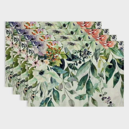 

Fenyluxe Floral Design Linen Party Table Placemat Set for Birthday Christmas Restaurants - Pack of 4 18x12in