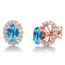 Gem Stone King 18K Rose Gold Plated Silver Oval Checkerboard Swiss Blue Topaz Removable Jacket Stud Earrings for Women