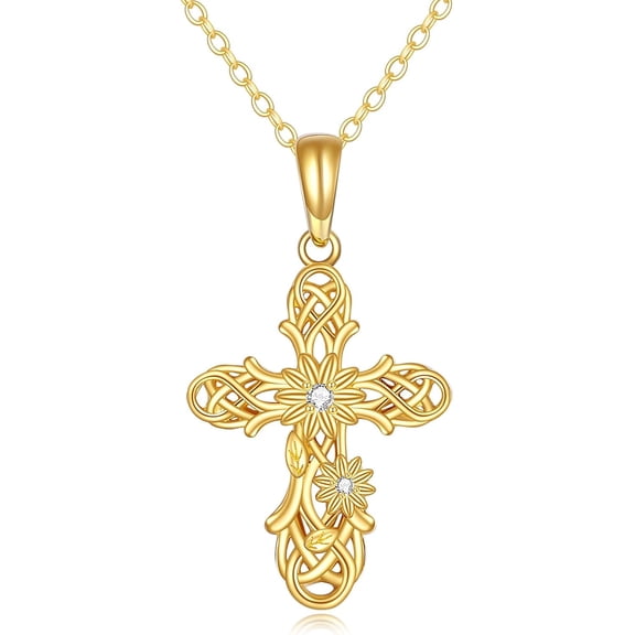 JUSORA 14K Solid Gold Cross Necklace for Women Delicate Gold Sunflower Cross Pendant Necklace Religious Jewelry Gifts for Wife Mom