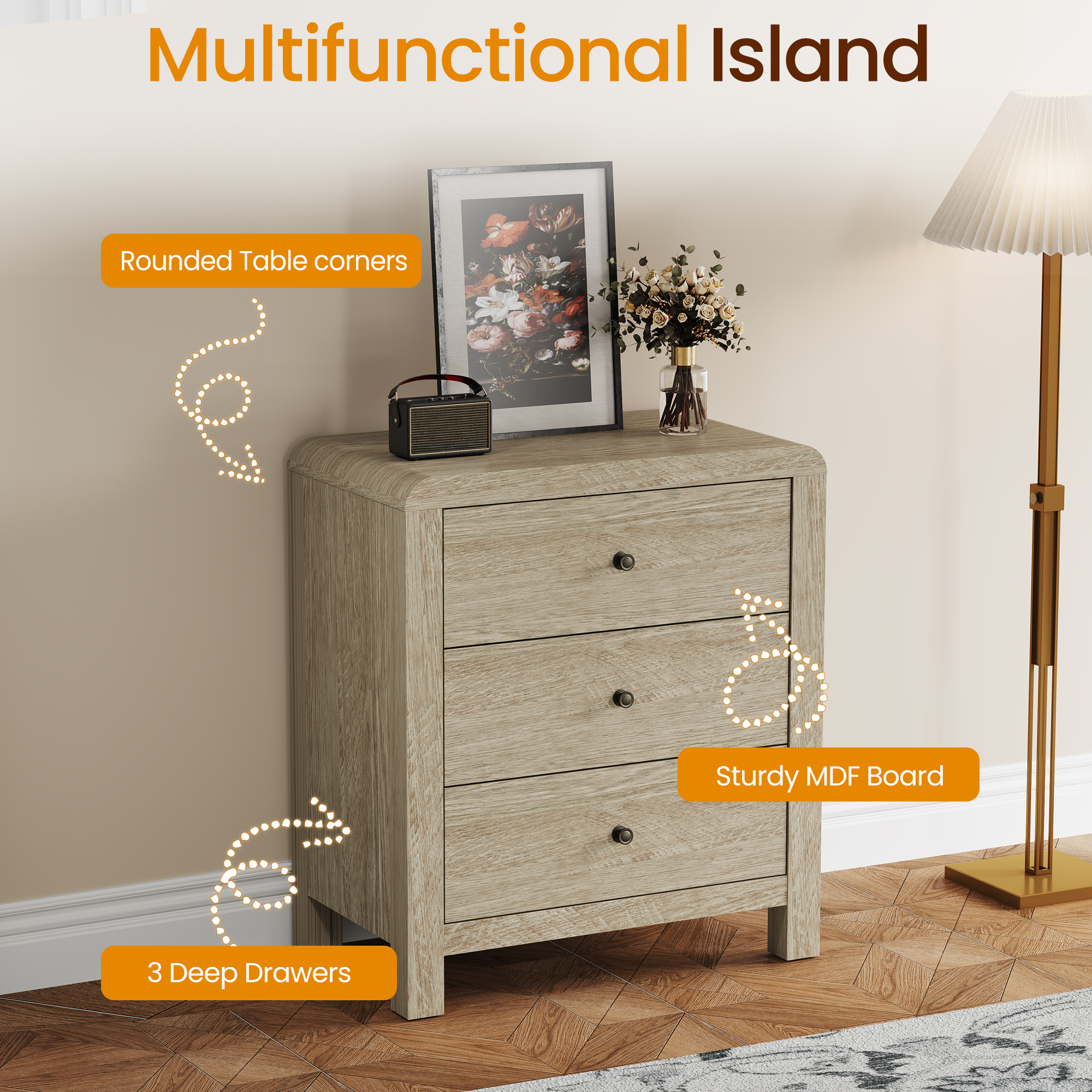 Heynemo 3 Drawer Dresser Set of 2, Large Nightstand with Rounded Table Corners, for Bedroom, Living Room, Entryway, Natural Wood