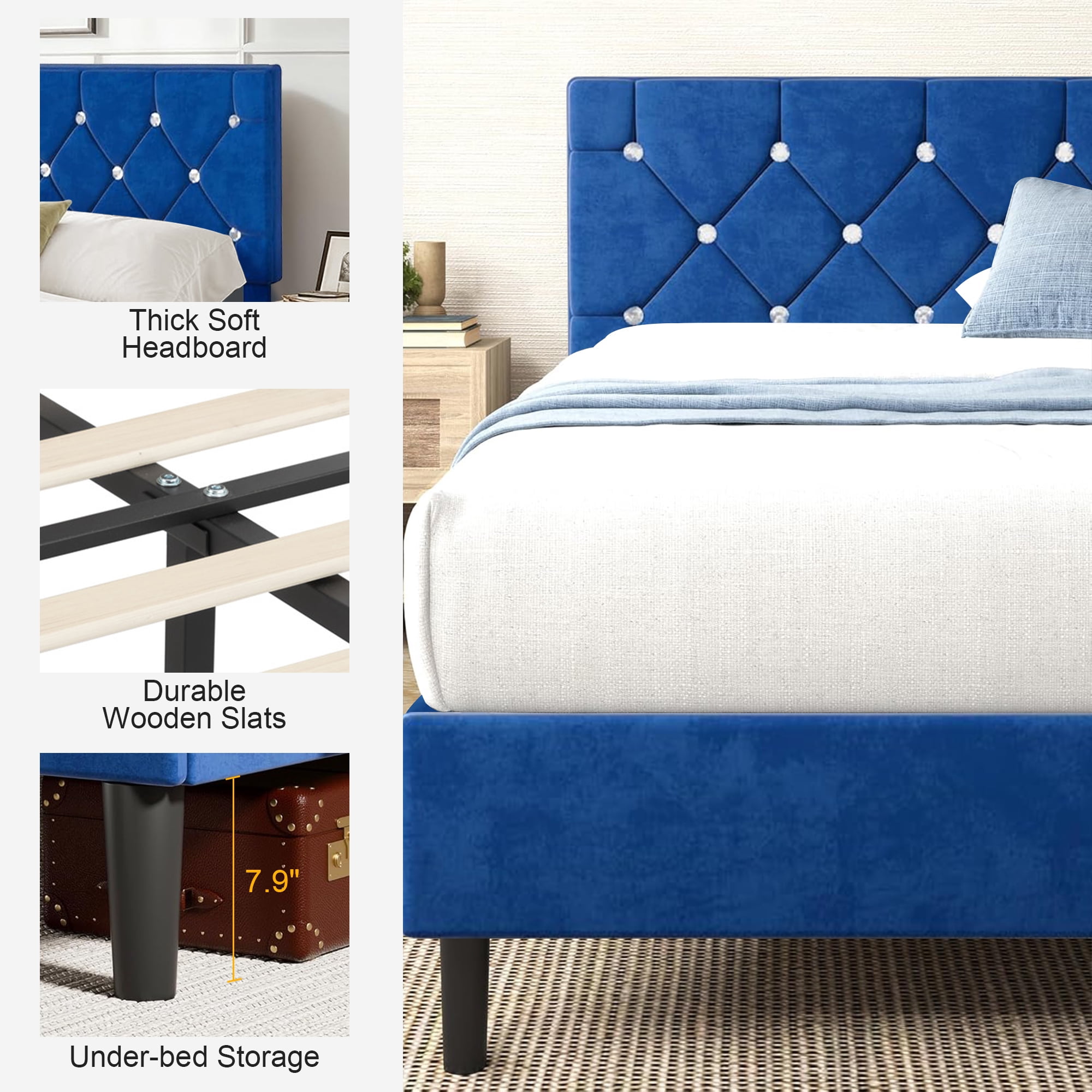 VECELO Queen Size Bed Frame, Modern Upholstered Platform Bed Frame with Diamond Tufted Headboard, No Box Spring Needed, Easy Assembly, Blue