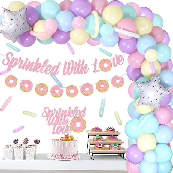 Sprinkled with Love Donut Theme Pastel Balloons Garland Arch Kit Baby Shower Party Decorations for Girls - Macaroon Latex Donut Foil Balloons, Cake Topper, Pink Glitter Banner