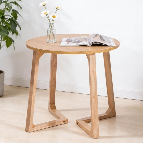 CQSXDA 24 Inch Round Coffee Table in Natural Finish, Mid Century Modern Solid Wood Small Side Table