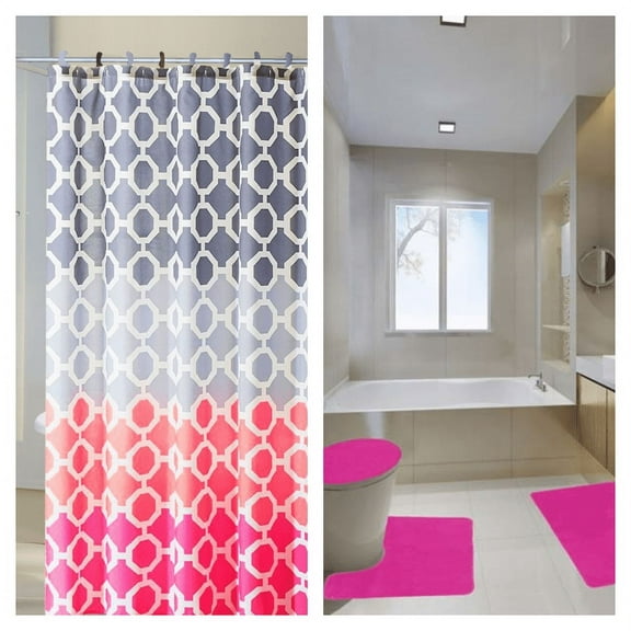 LUXURY DÉCOR HAJAR HOT PINK 16PC BATHROOM SET MULTICOLOR DESIGN STYLE INCLUDES 1 FABRIC SHOWER CURTAIN 72"X 72" 12 COVERED HOOKS 1 BATH MAT 18"X 30" 1 CONTOUR MAT 18"X 18" 1 LID COVER 18"X 18"