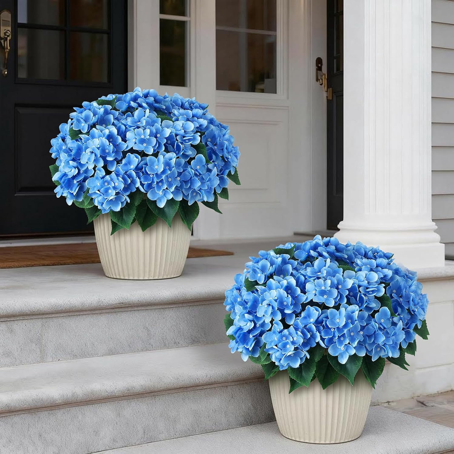 8 Bundles Artificial Hydrangea Flowers for Outdoor Decor, Realistic Faux Silk Bouquets Sun-Resistant Fake Plants for Front Door Balcony Farmhouse Garden Home Spring Summer Decor (Blue)