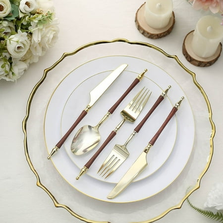 

Efavormart 24 Pack | Gold / Brown Glittered European Plastic Utensil Set With Roman Column Handle Disposable Fork Spoon And Knife Silverware