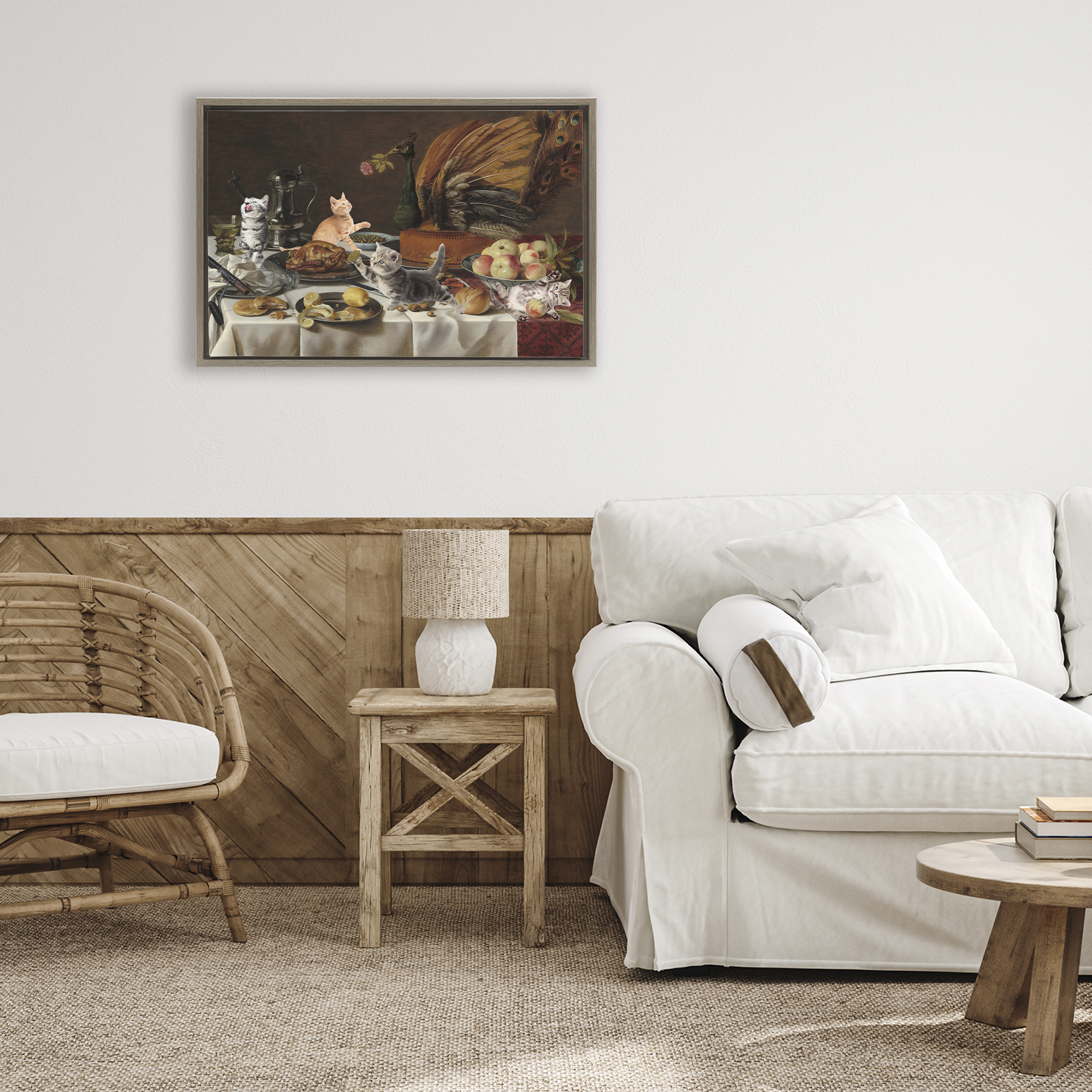 Kittens on Still Life Feast Brown Framed Floater Canvas Wall Art, design by Masters Redux