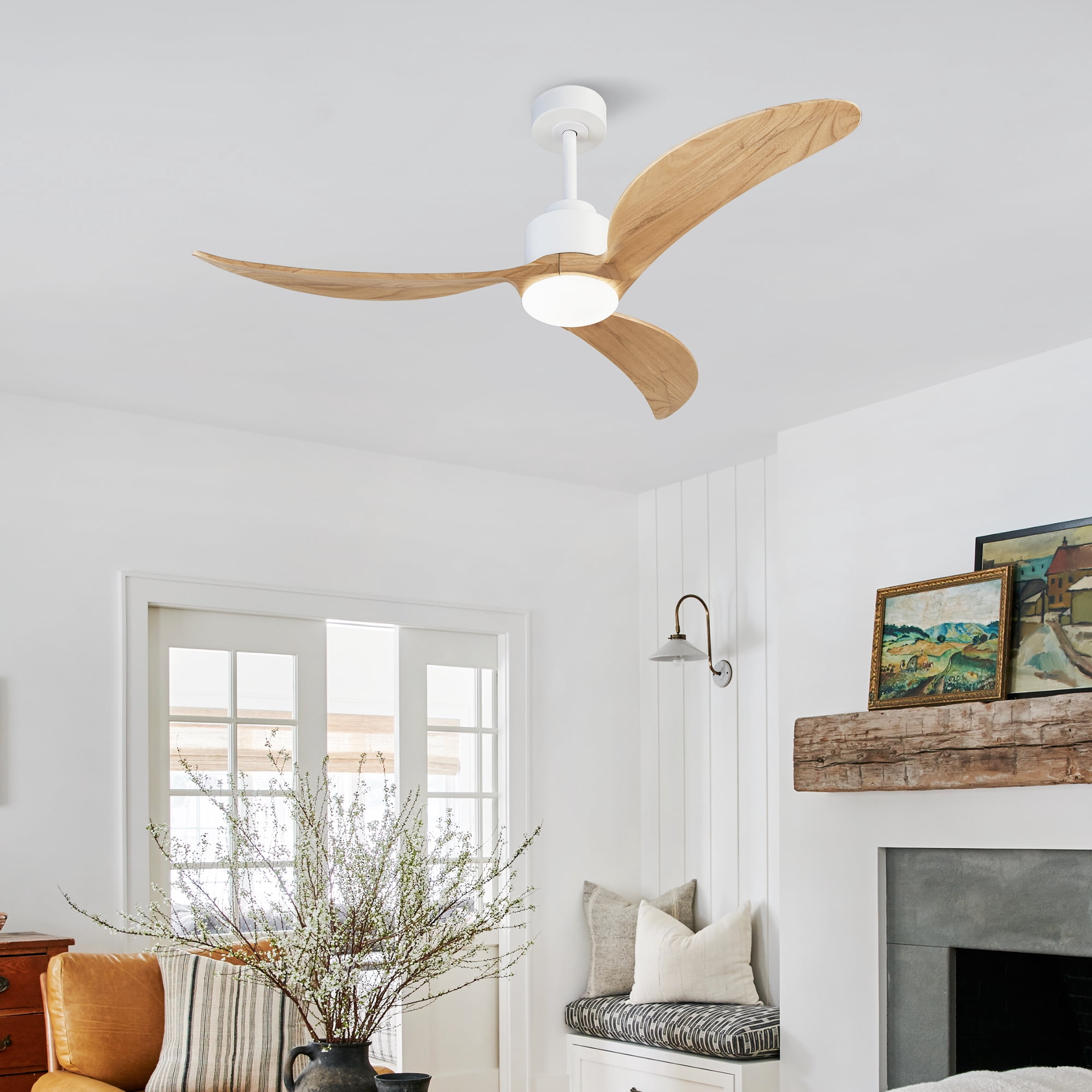 Ceiling Fan with Light, 52 Inch Solid Wood Blade Fan for Home Living Room Indoor Decor, White Wood