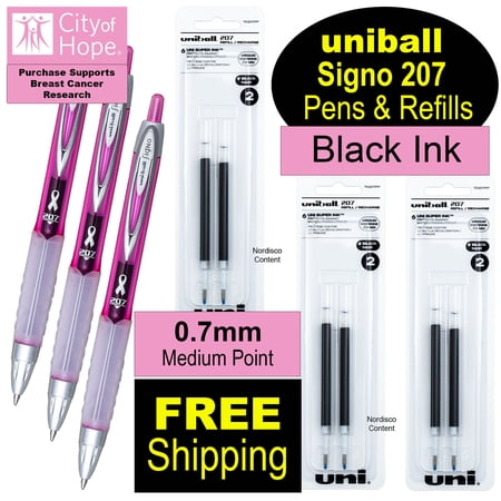 Uniball Signo 207 Pink Ribbon Gel Pen 1745267, 3 Pens Plus 3 Packs of Refills with FREE Shipping