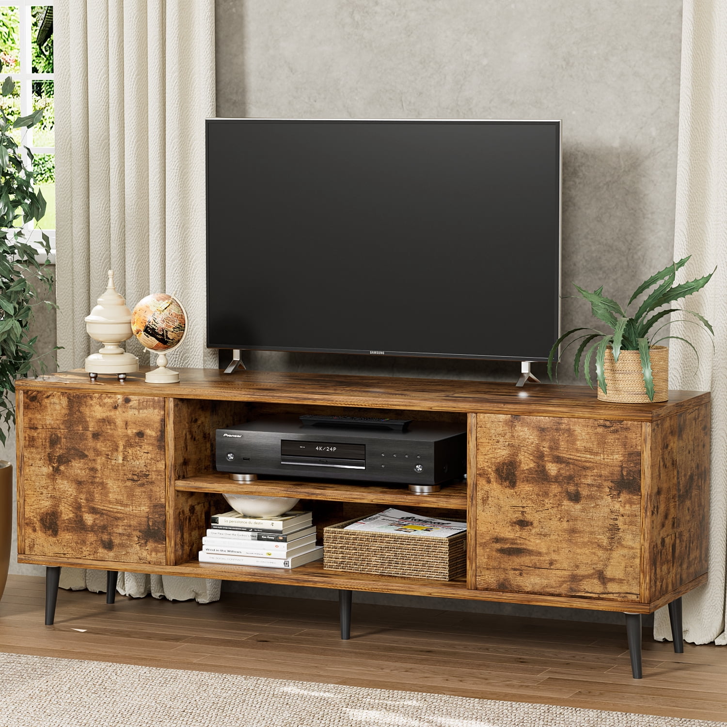 Furmax Mid-Century 2-Door TV Stand for TVs up to 65", Rustic Oak
