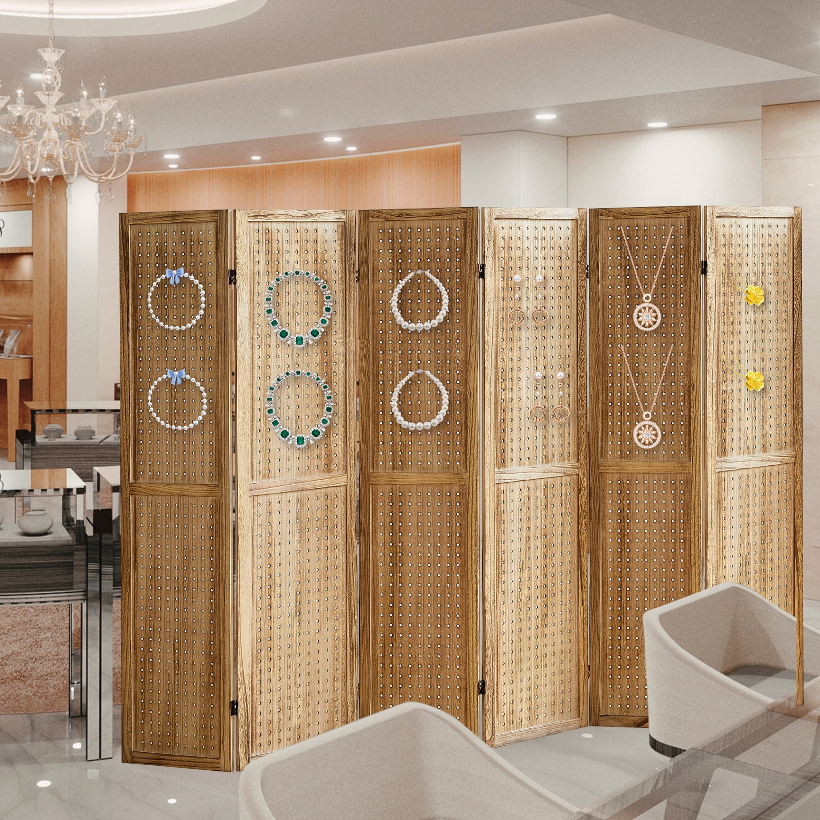 Aletheiawu 6 Panel Display with 24 Hooks, Wood Room Divider Wall, No Installation, Light Brown
