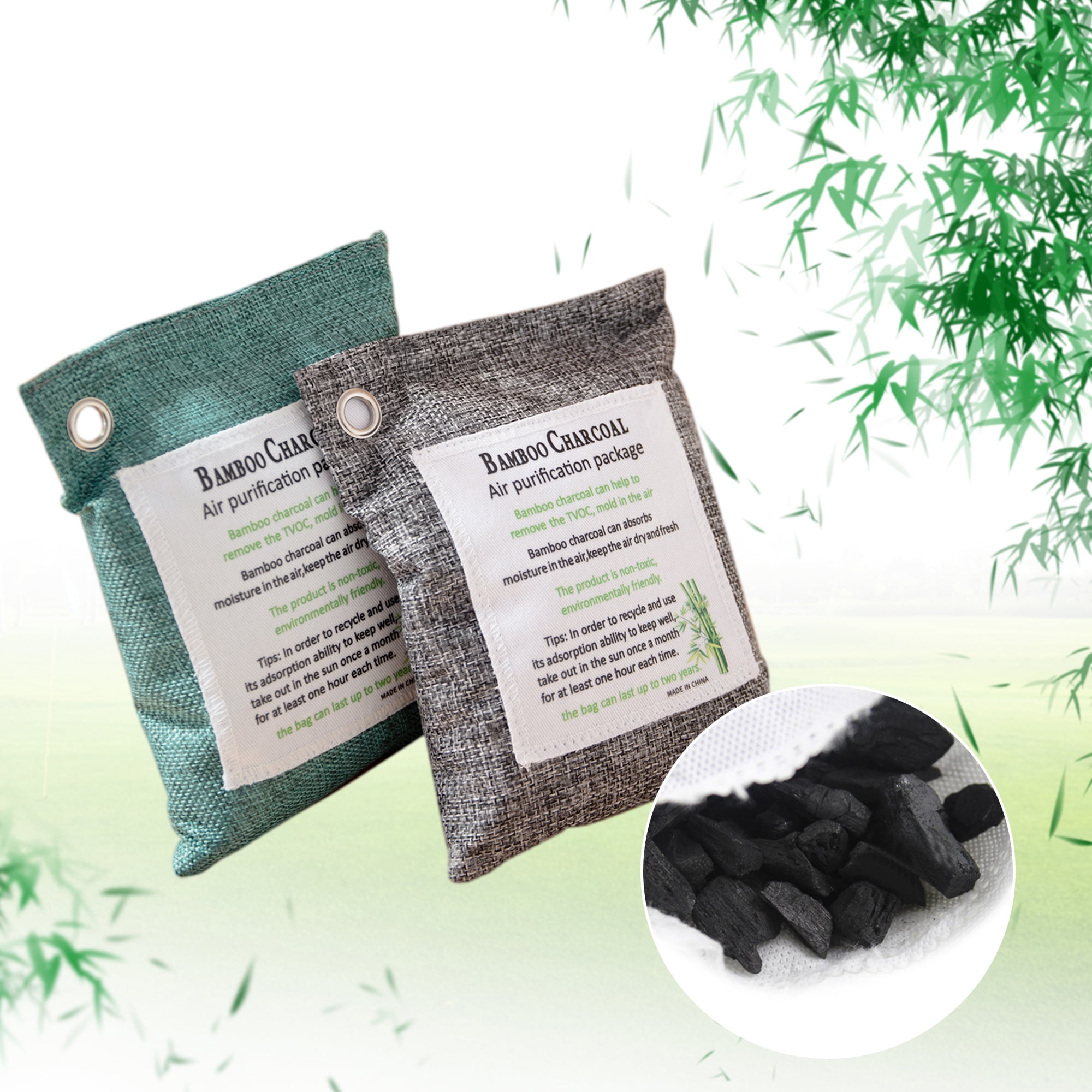 Bamboo Charcoal Air Purifying Bags (2 Pack) Green Charcoal Bags With