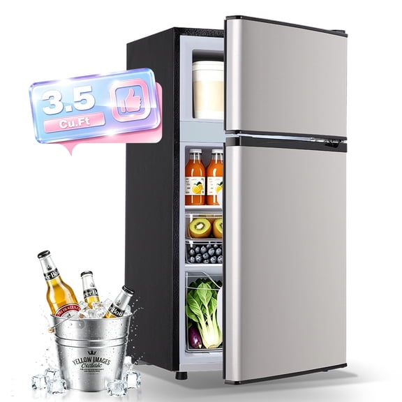 JIEJIA 3.5 Cu.Ft Small Fridge with Freezer, Small Refrigerator Separate Freezer, 7 Settings Temperature Adjustable, 2 Door Refrigerator for Office, Dorm, Bedroom, Apartment, Silver