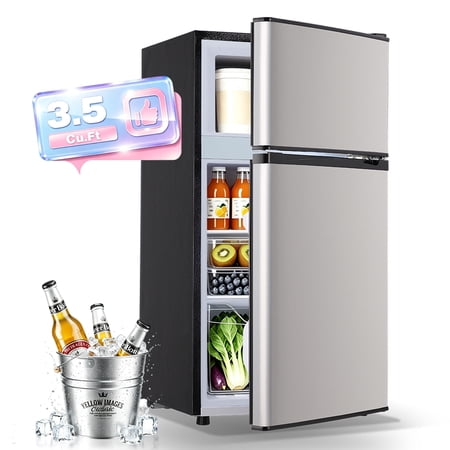 JIEJIA 3.5 Cu.Ft Small Fridge with Freezer, Small Refrigerator Separate Freezer, 7 Settings Temperature Adjustable, 2 Door Refrigerator for Office, Dorm, Bedroom, Apartment, Silver