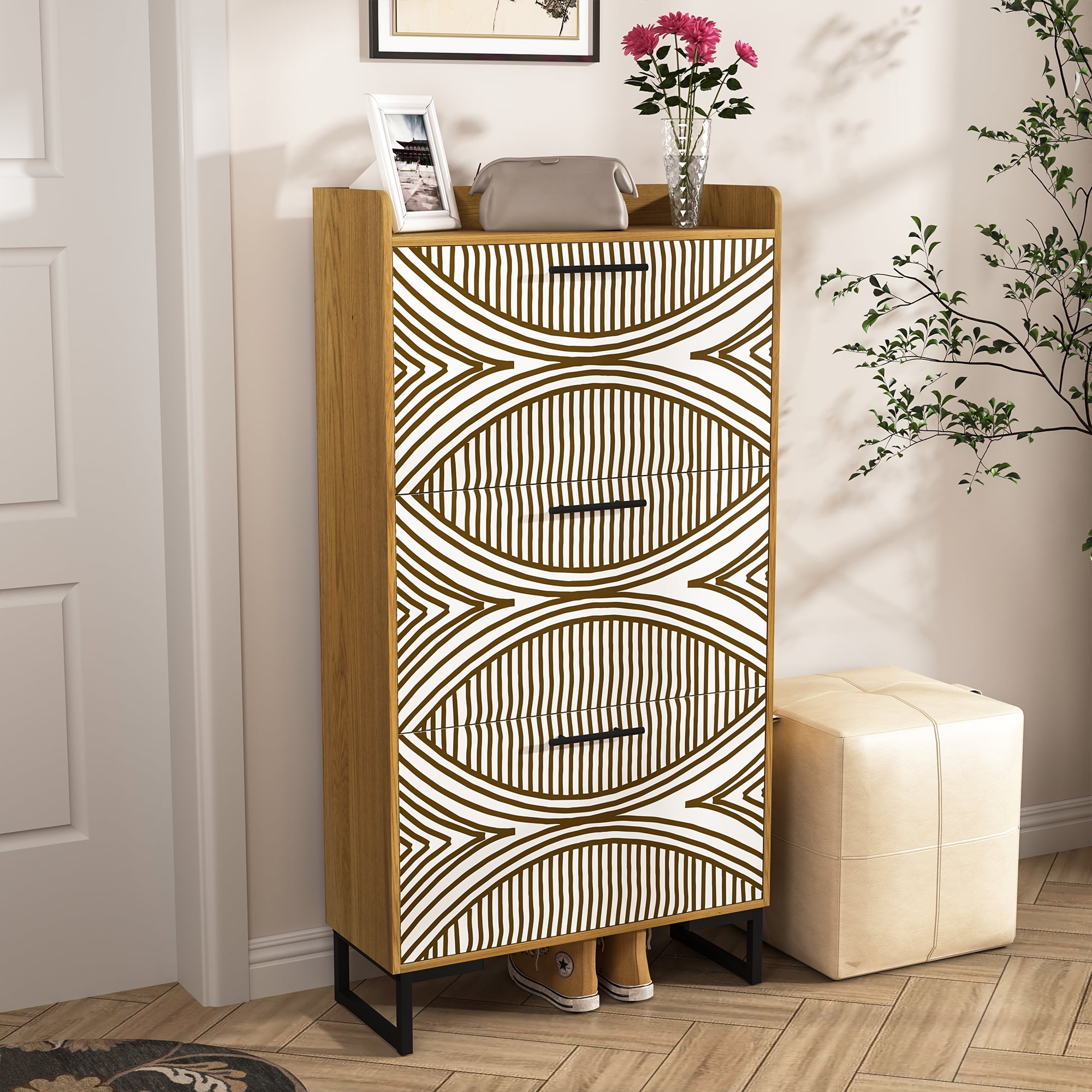 Hommoo 3 Tiers Flip Shoe Storage Cabinet with PVC painted, Modern Wood Shoe Rack Storage Organizer for Home, Brown