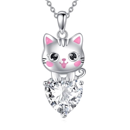 Cat Necklace for Women 925 Sterling Silver April Birthstone Cat Pendant Necklace Jewelry Gift for Women