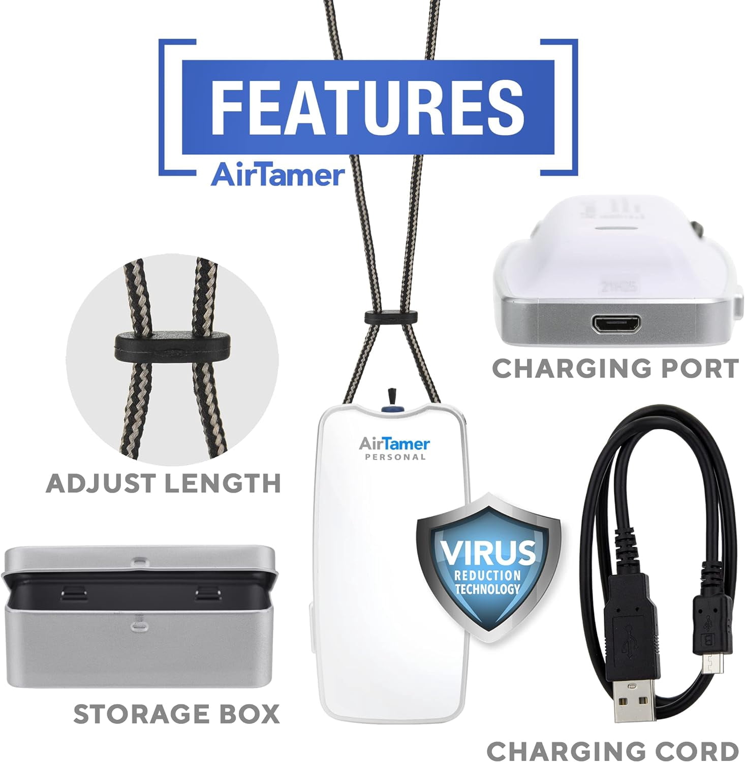AirTamer A310W Rechargeable Personal Air Purifier with Ionic Technology, Portable Wearable Air Cleaner, USB Rechargeable, White with Metal Travel Case