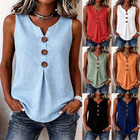 Ihhxva Women's V-Neck Tank Top Sleeveless Solid Color Stretchable Summer High-Low Casual Beach Vacation S-3XL