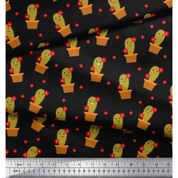 Soimoi Black Cotton Voile Fabric Floral,Cactus & Pot Garden Accessories Decor Fabric Printed Yard 42 Inch Wide