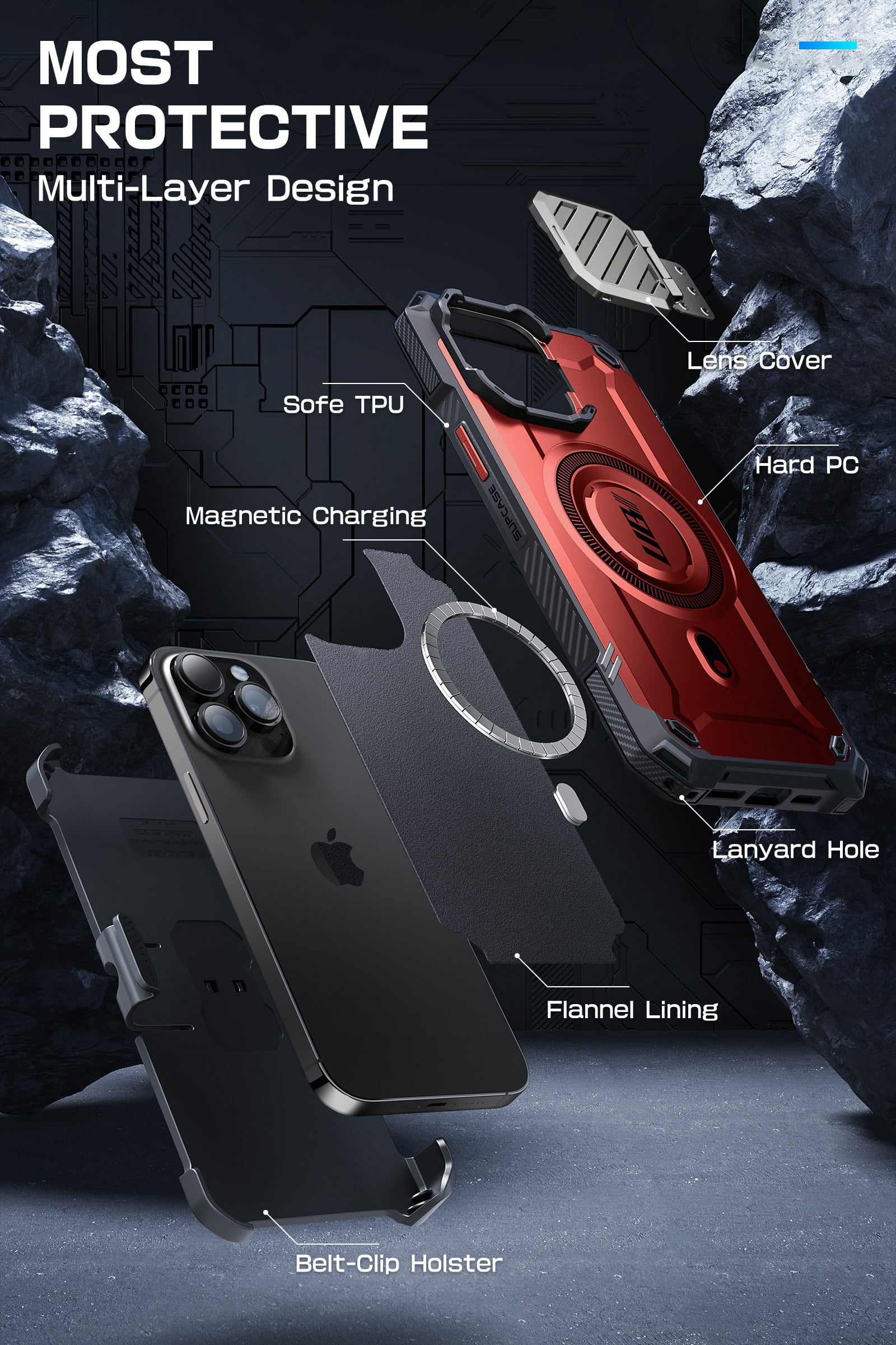 SUPCASE UB Mag XT for iPhone 14 Pro Max/iPhone 13 Pro Max Case with Camera Cover, [Compatible with MagSafe] Full Body Rugged Case with Built-in Kickstand & Belt-Clip (Ruddy)