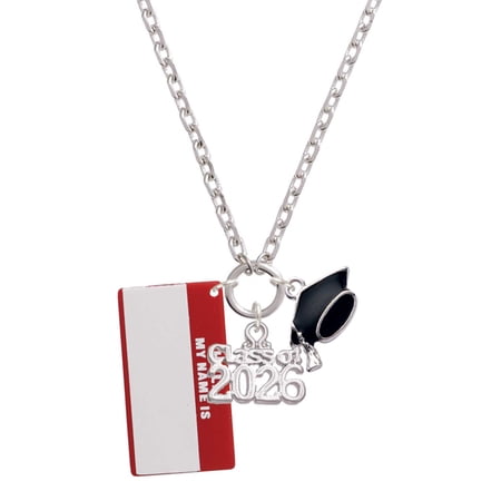 Delight Jewelry Acrylic Red "Hello" Name Tag - Silvertone Class of 2026 Graduation Zoey Charm Necklace, 28"